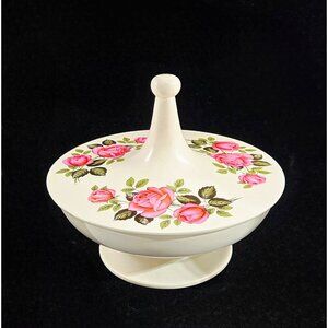 Vintage 8.5" Ceramic Dresser box with Pink Roses